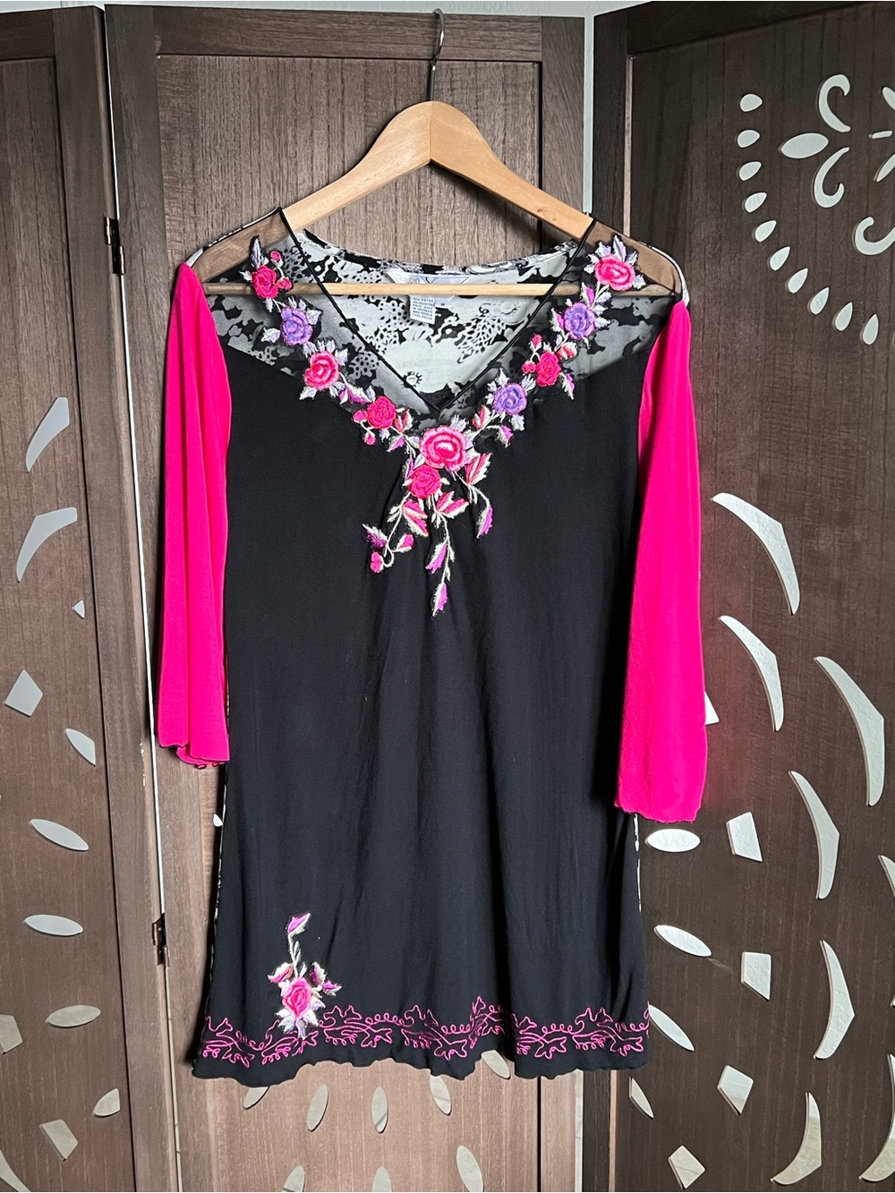 Studio Black Tunic with Hot Pink and Purple Floral Embroidery